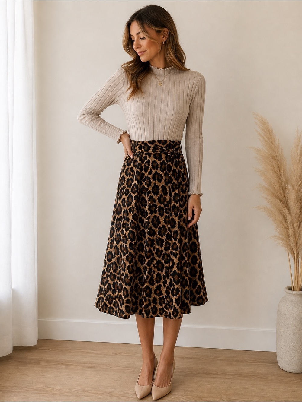 Brown Leopard Print A-Line Midi Skirt